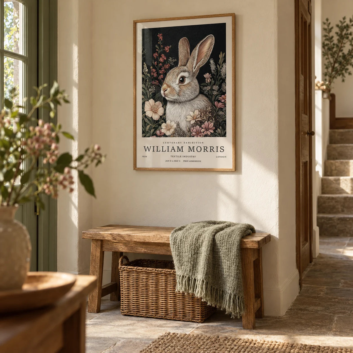 Vintage Rabbit Art, framed on the wall of a cottage hallway with a cream wall and plain stone floor
