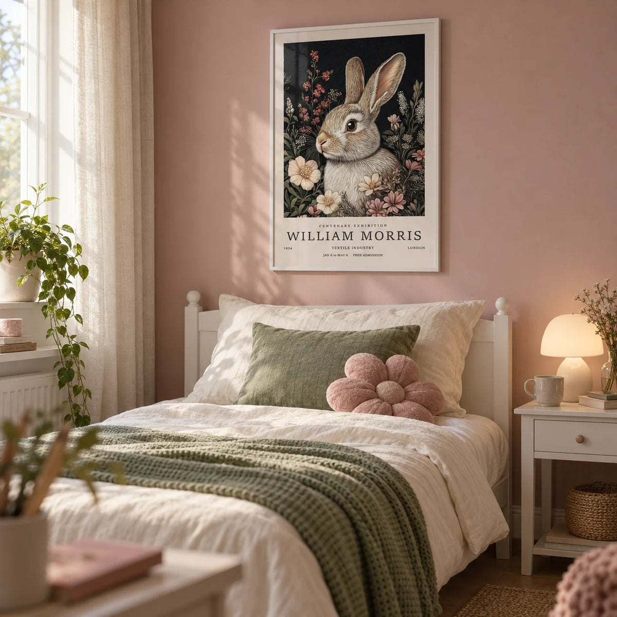 Vintage Rabbit Art, framed on the wall of a pretty single bedroom for a teen girl (13-17) with a dusty pink painted wall