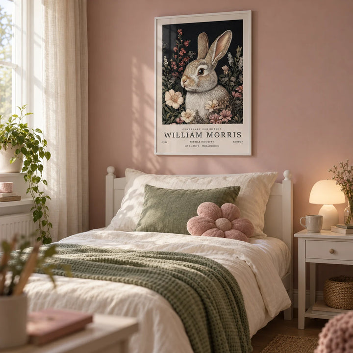 Vintage Rabbit Art, framed on the wall of a pretty single bedroom for a teen girl (13-17) with a dusty pink painted wall