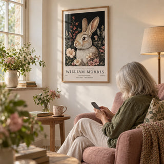 Vintage Rabbit Art, framed on the wall of a quiet reading corner by a cottage window with a warm white wall in a living room