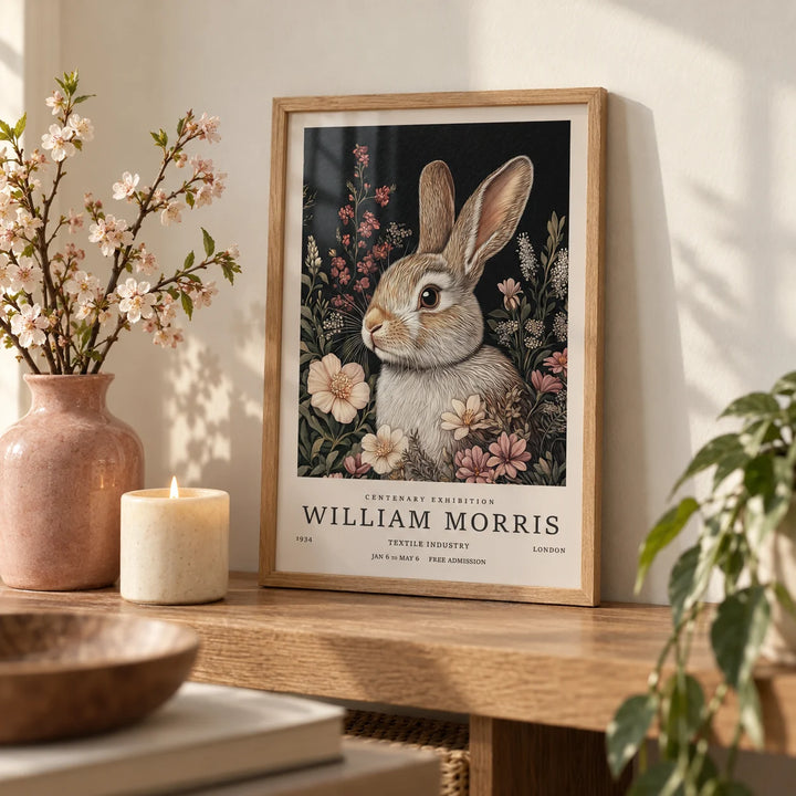 Vintage Rabbit Art, a small A4 framed print leaning on an oak shelf in a living room