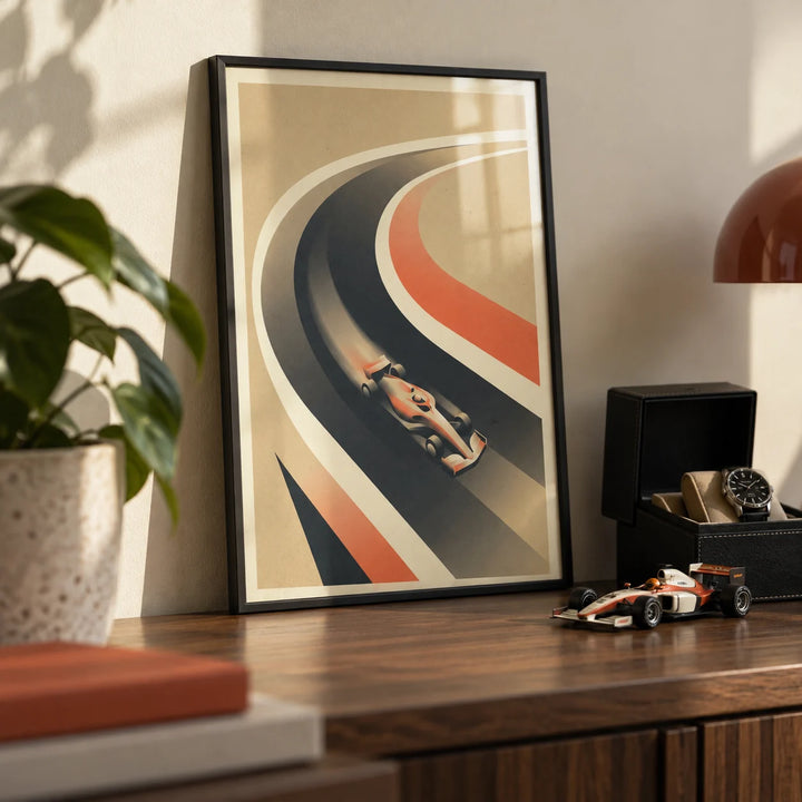 Vintage Race Car Poster, a small A4 framed print leaning on a walnut shelf in a living room