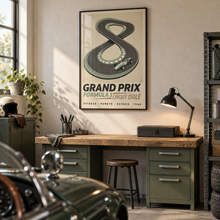 Vintage Race Car Wall Art, framed on the wall of a clean hobby garage in a UK home belonging to a vintage motoring enthusiast