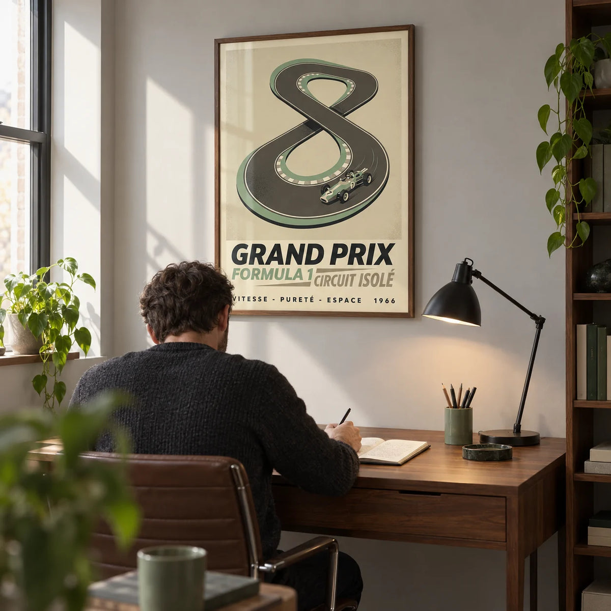 Vintage Race Car Wall Art, framed on the wall of a compact home study in a UK flat for an adult racing enthusiast