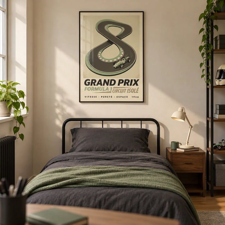Vintage Race Car Wall Art, framed on the wall of a modern teenage motorsport enthusiast's single bedroom (13-17) in a UK terraced home