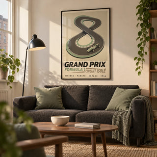 Vintage Race Car Wall Art, framed on the wall of a retro modern living room in a first UK flat (22-28)