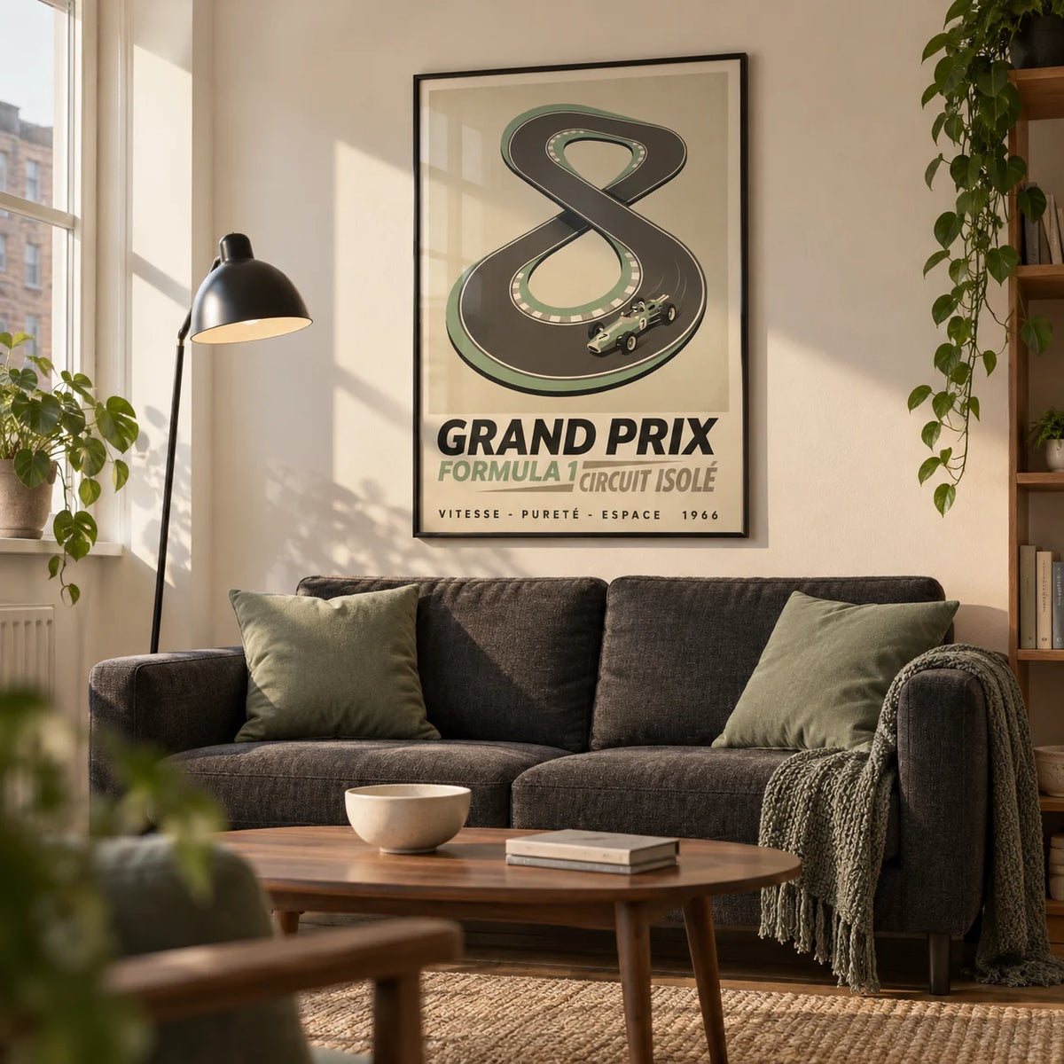 Vintage Race Car Wall Art, framed on the wall of a retro modern living room in a first UK flat (22-28)