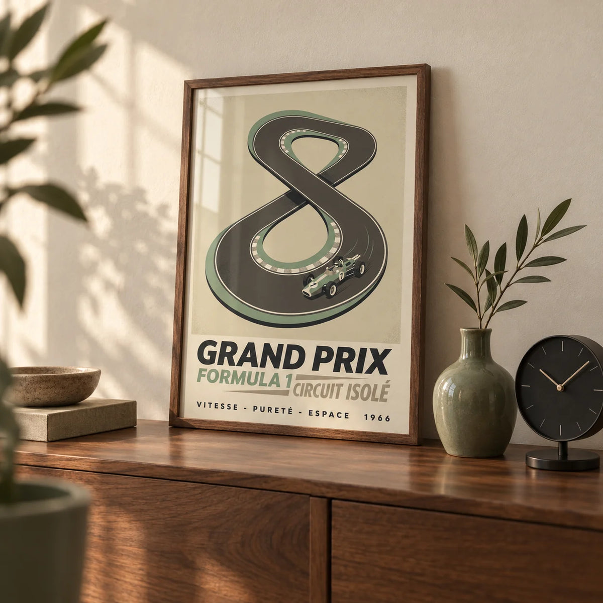 Vintage Race Car Wall Art, a small A4 framed print leaning on a walnut sideboard in a home office