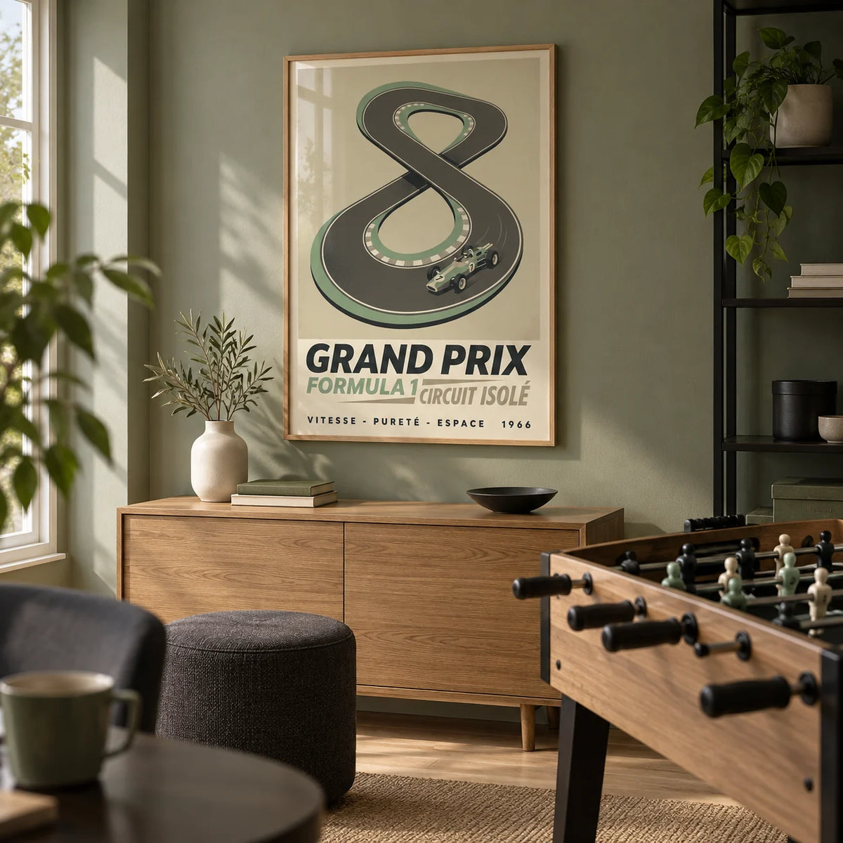 Vintage Race Car Wall Art, framed on the wall of a small adult games room in a UK semi-detached house