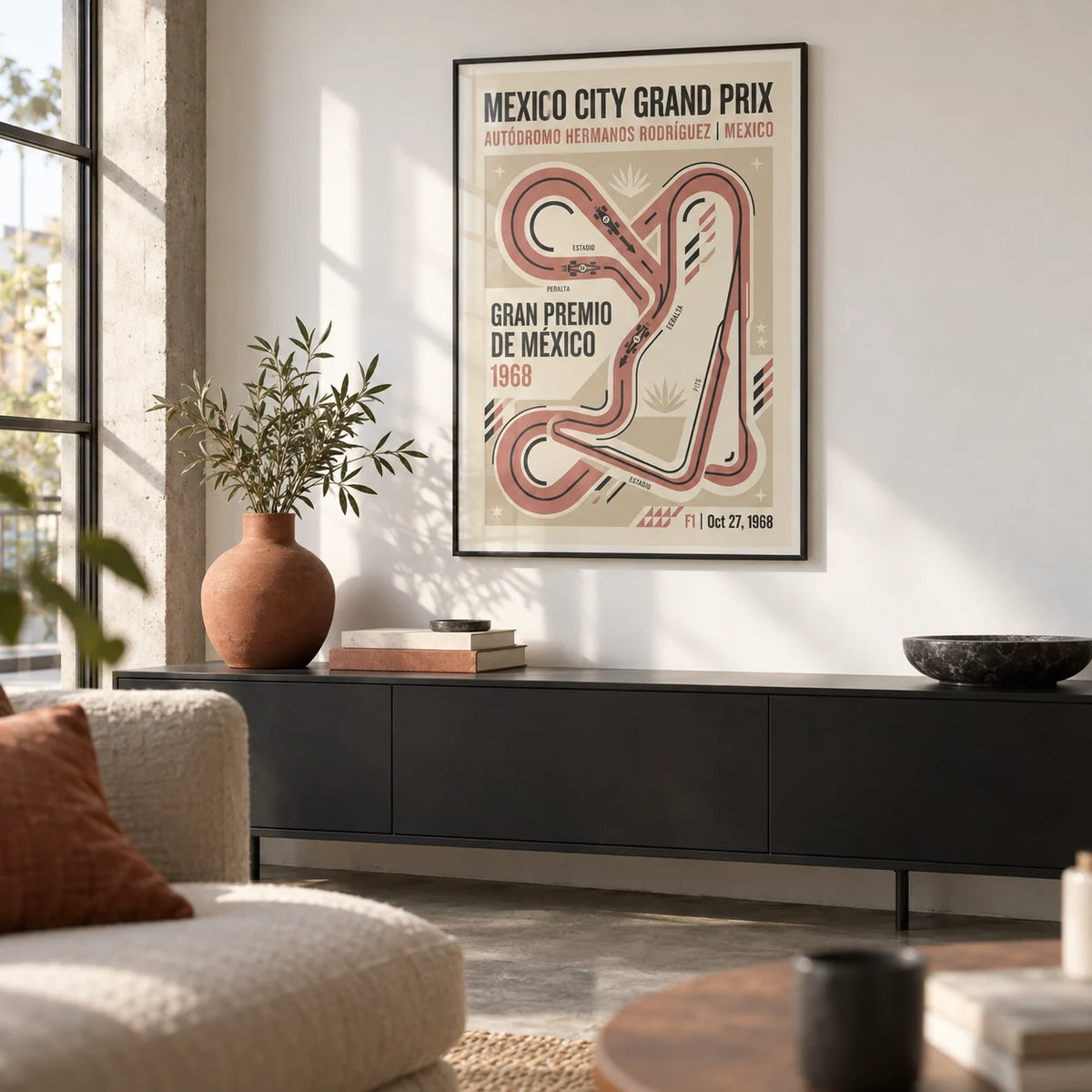 Vintage Race Circuit Map Poster, framed on the wall of a design-led city flat living room with a white wall and a polished concrete floor