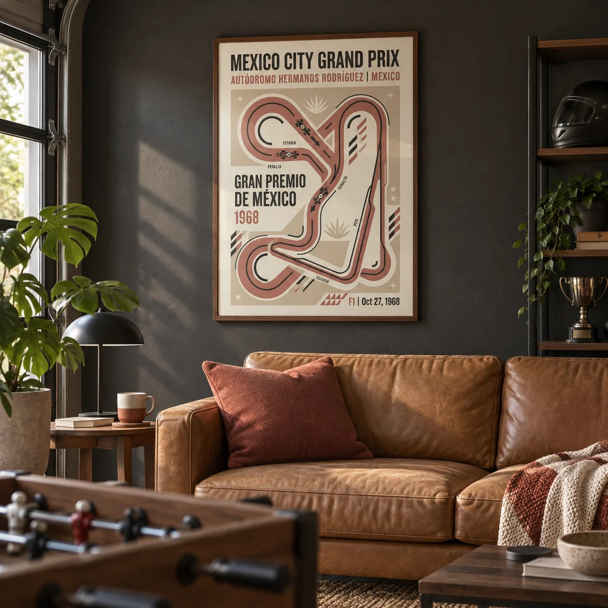 Vintage Race Circuit Map Poster, framed on the wall of a modern games room in a converted garage with a charcoal grey wall in a living room