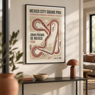 Vintage Race Circuit Map Poster, framed on the wall of a modern hallway with a warm white wall