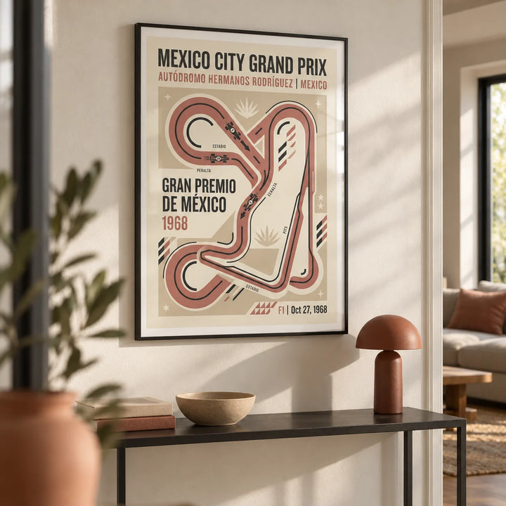 Vintage Race Circuit Map Poster, framed on the wall of a modern hallway with a warm white wall