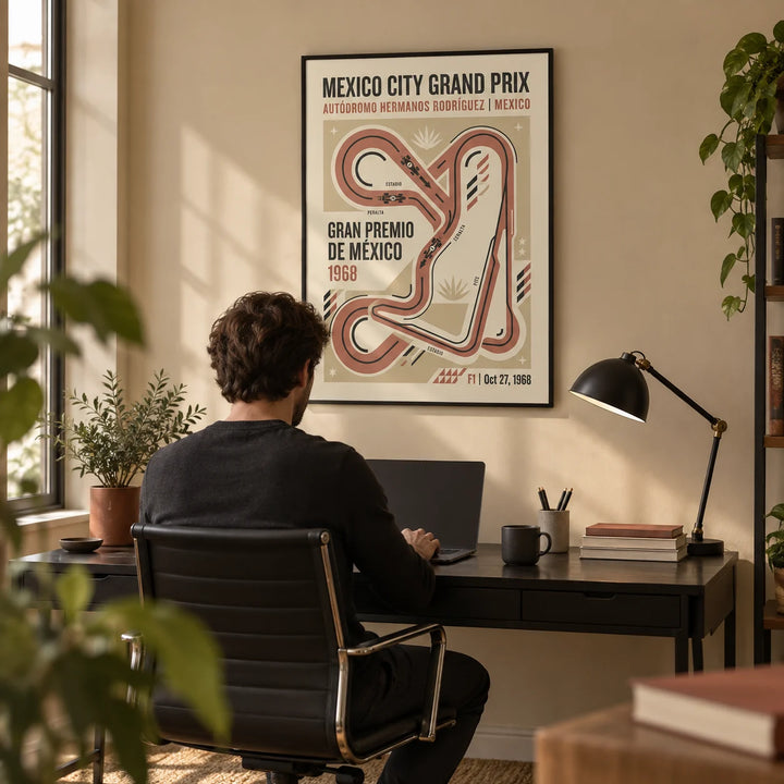 Vintage Race Circuit Map Poster, framed on the wall of a modern home office with a warm sand beige wall
