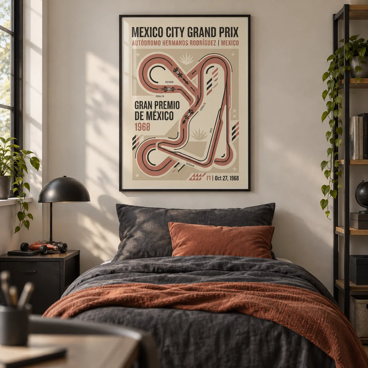Vintage Race Circuit Map Poster, framed on the wall of a modern single bedroom for a teen boy (13-17) with a warm white wall