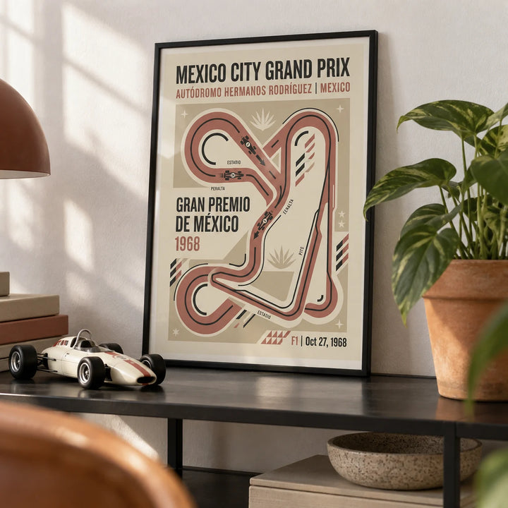Vintage Race Circuit Map Poster, a small A4 framed print leaning on a black metal shelf in a living room