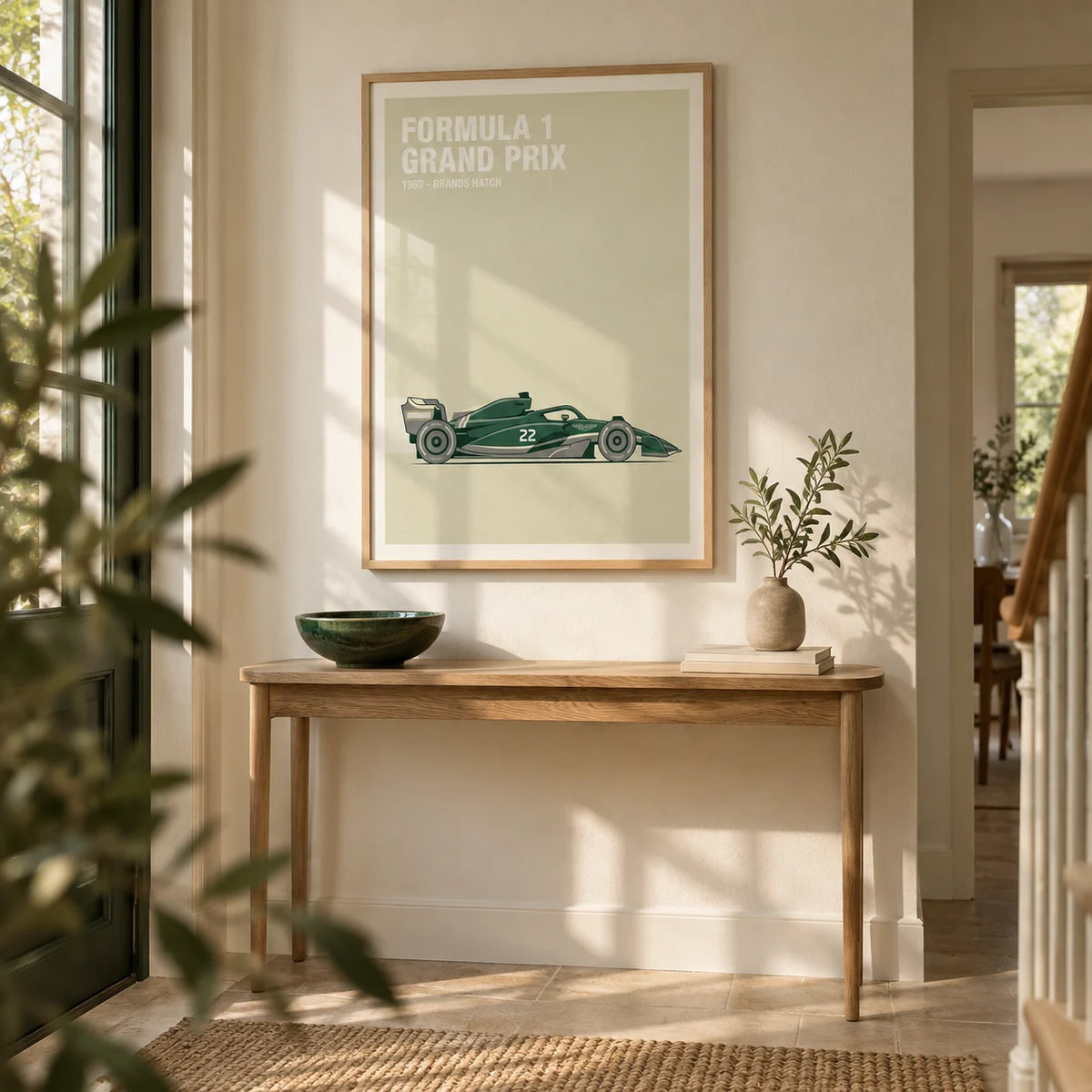 Vintage Racing Art, framed on the wall of a calm hallway with a cream wall