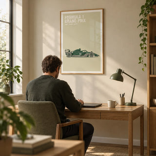 Vintage Racing Art, framed on the wall of a calm home office with a khaki beige wall