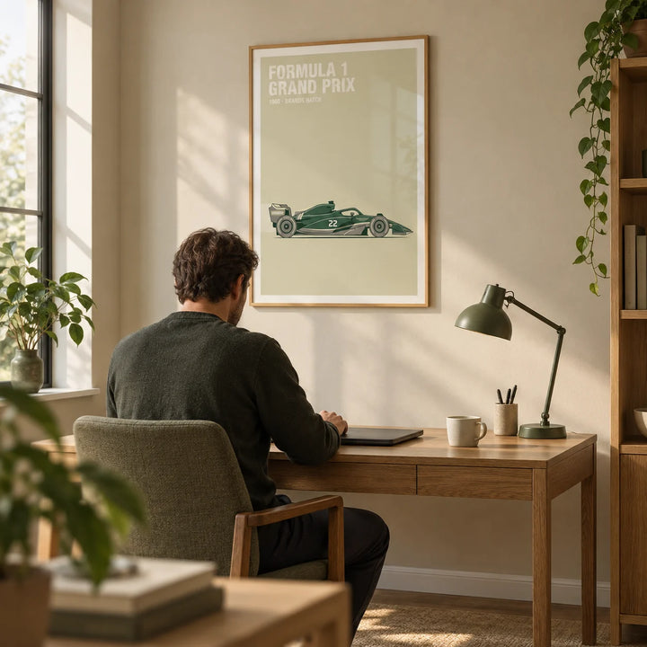 Vintage Racing Art, framed on the wall of a calm home office with a khaki beige wall