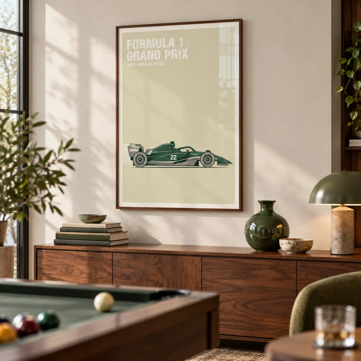 Vintage Racing Art, framed on the wall of a modern games room with a cream wall in a living room