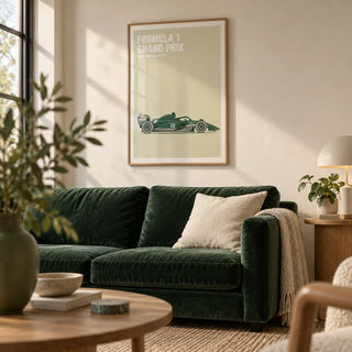Vintage Racing Art, framed on the wall of a modern living room with a warm white wall