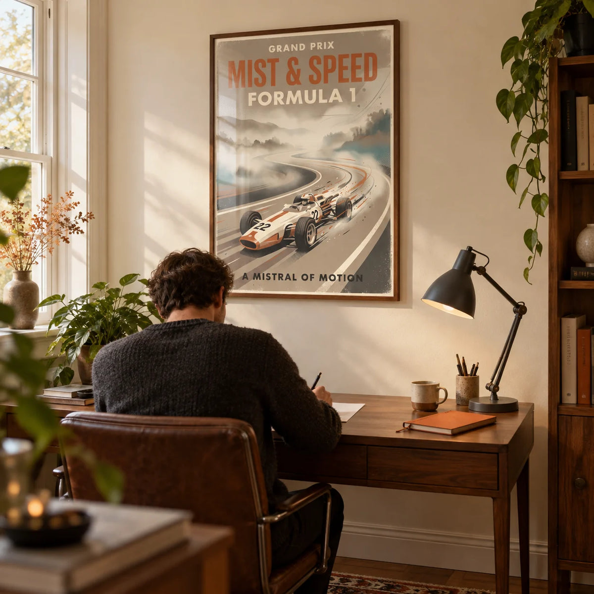 Vintage Racing Car Poster, framed on the wall of a characterful home study in a UK semi-detached house
