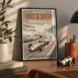 Vintage Racing Car Poster, a small A4 framed print leaning on a walnut desk