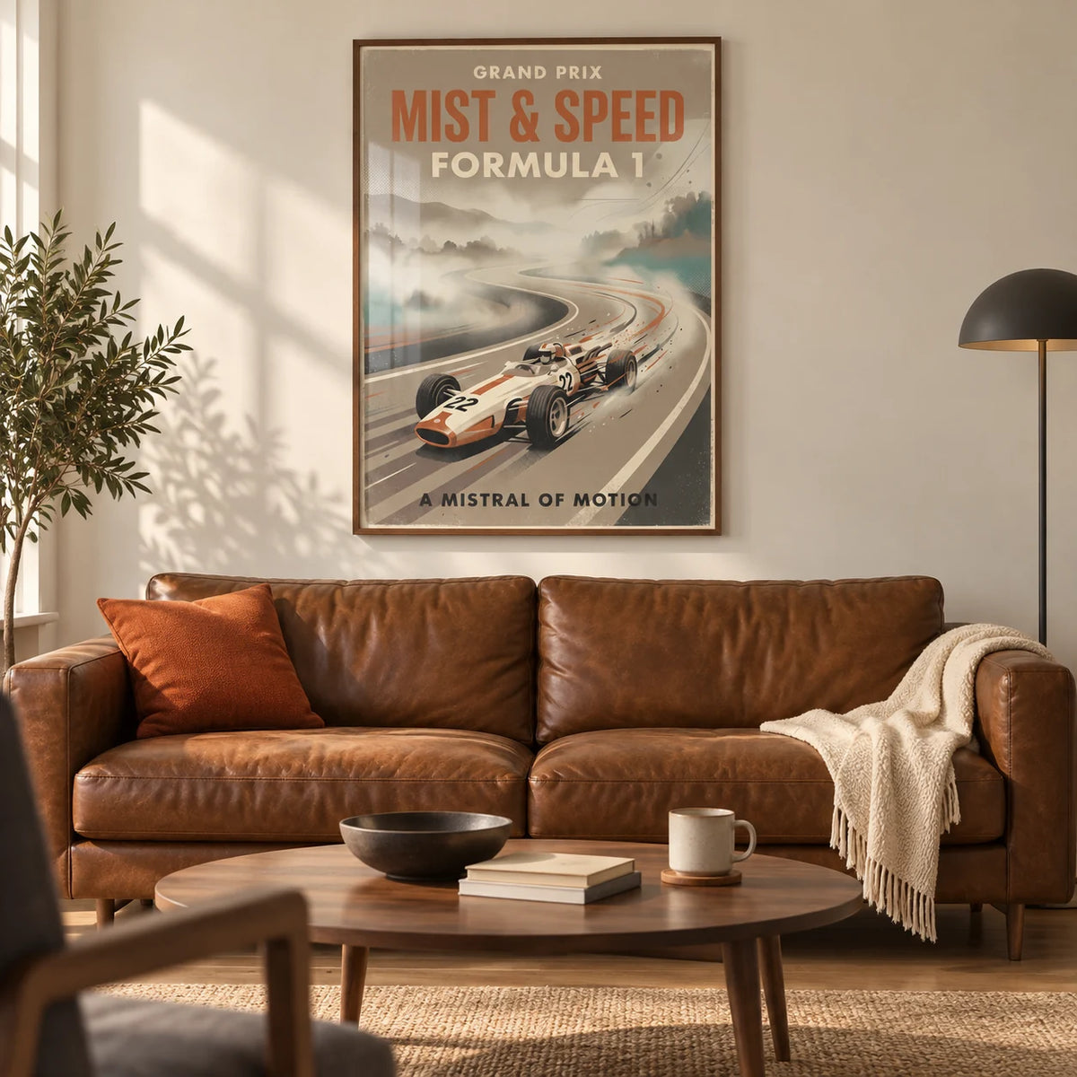 Vintage Racing Car Poster, framed on the wall of a warm retro living room in a UK first flat (22-28)