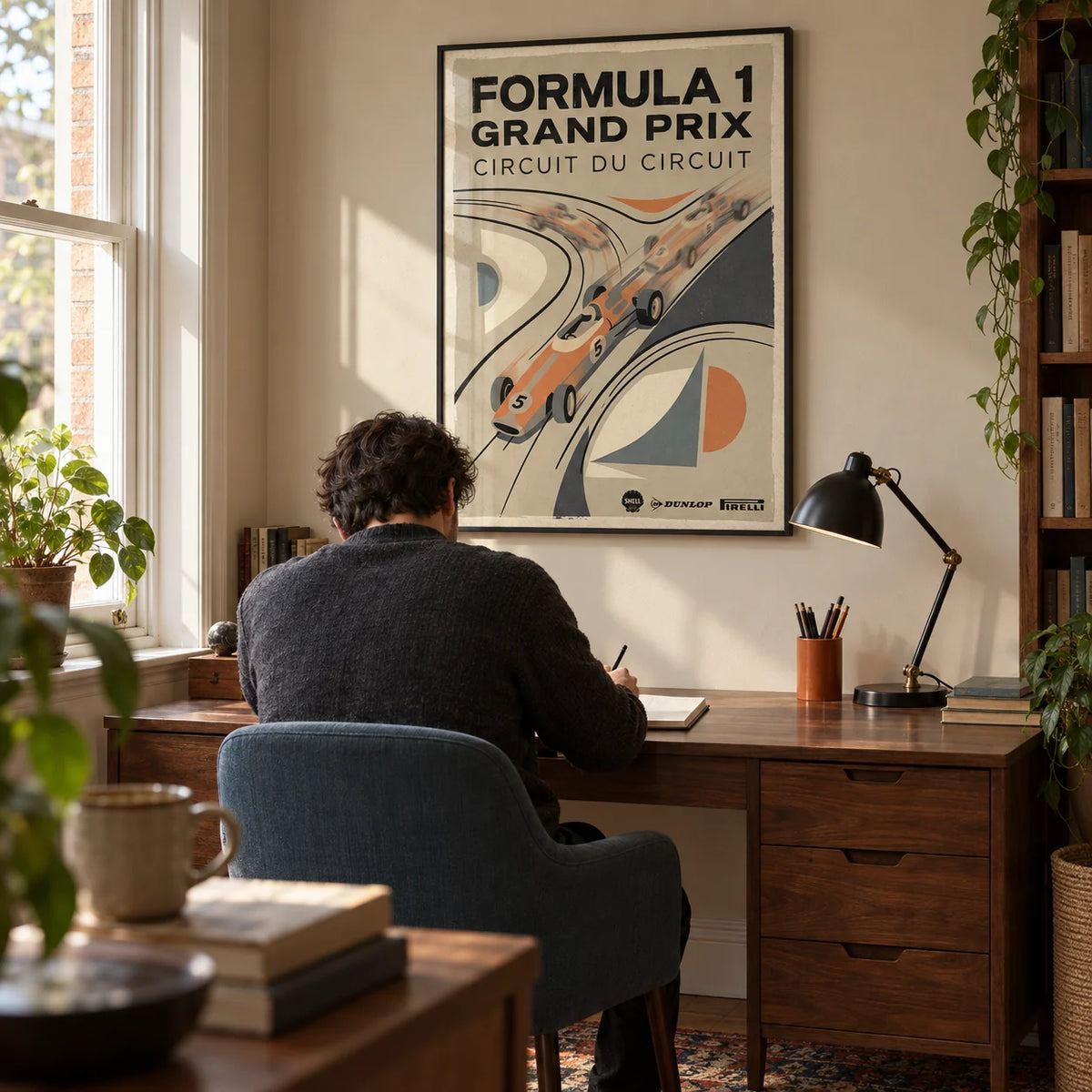 Vintage Racing Poster, framed on the wall of a characterful home study in a Victorian terrace with a warm beige wall and walnut furniture