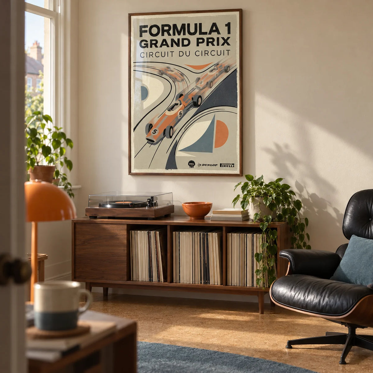 Vintage Racing Poster, framed on the wall of a retro listening snug in a UK semi-detached home with a pale beige wall and cork floor in a living room