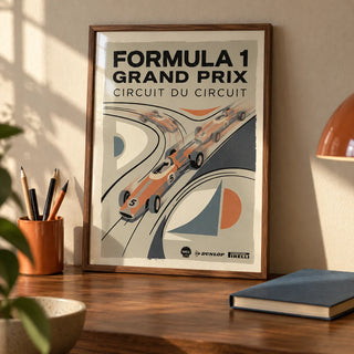 Vintage Racing Poster, a small A4 framed print leaning on a walnut desk