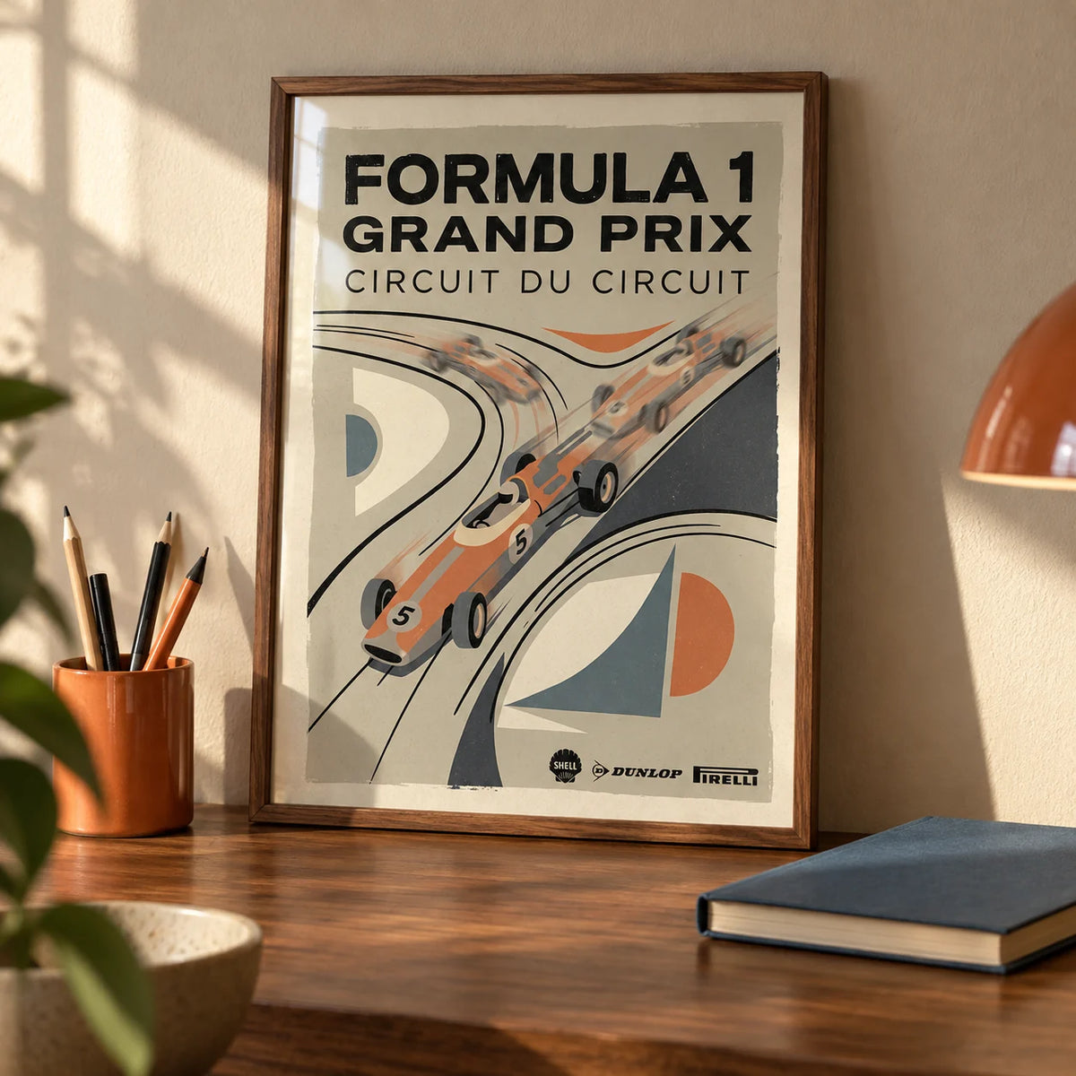 Vintage Racing Poster, a small A4 framed print leaning on a walnut desk
