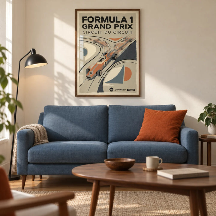 Vintage Racing Poster, framed on the wall of a warm mid-century living room in a UK first flat with a cream wall and oak floor