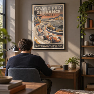 Vintage Racing Print, framed on the wall of a compact home study for a motorsport enthusiast with a warm grey wall and a walnut desk