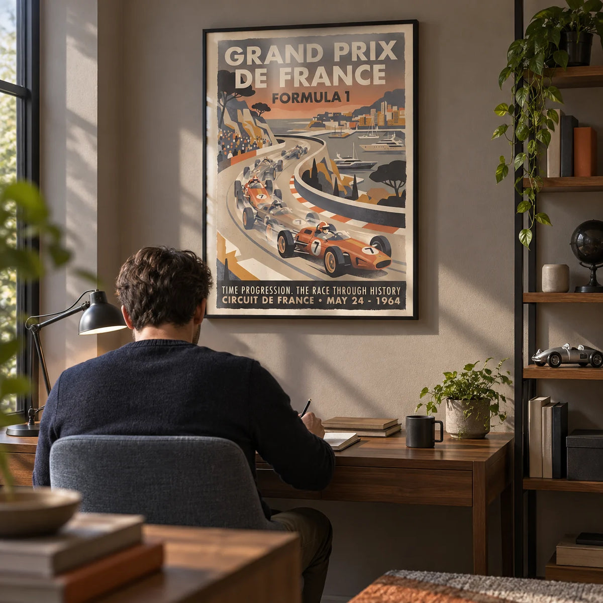 Vintage Racing Print, framed on the wall of a compact home study for a motorsport enthusiast with a warm grey wall and a walnut desk
