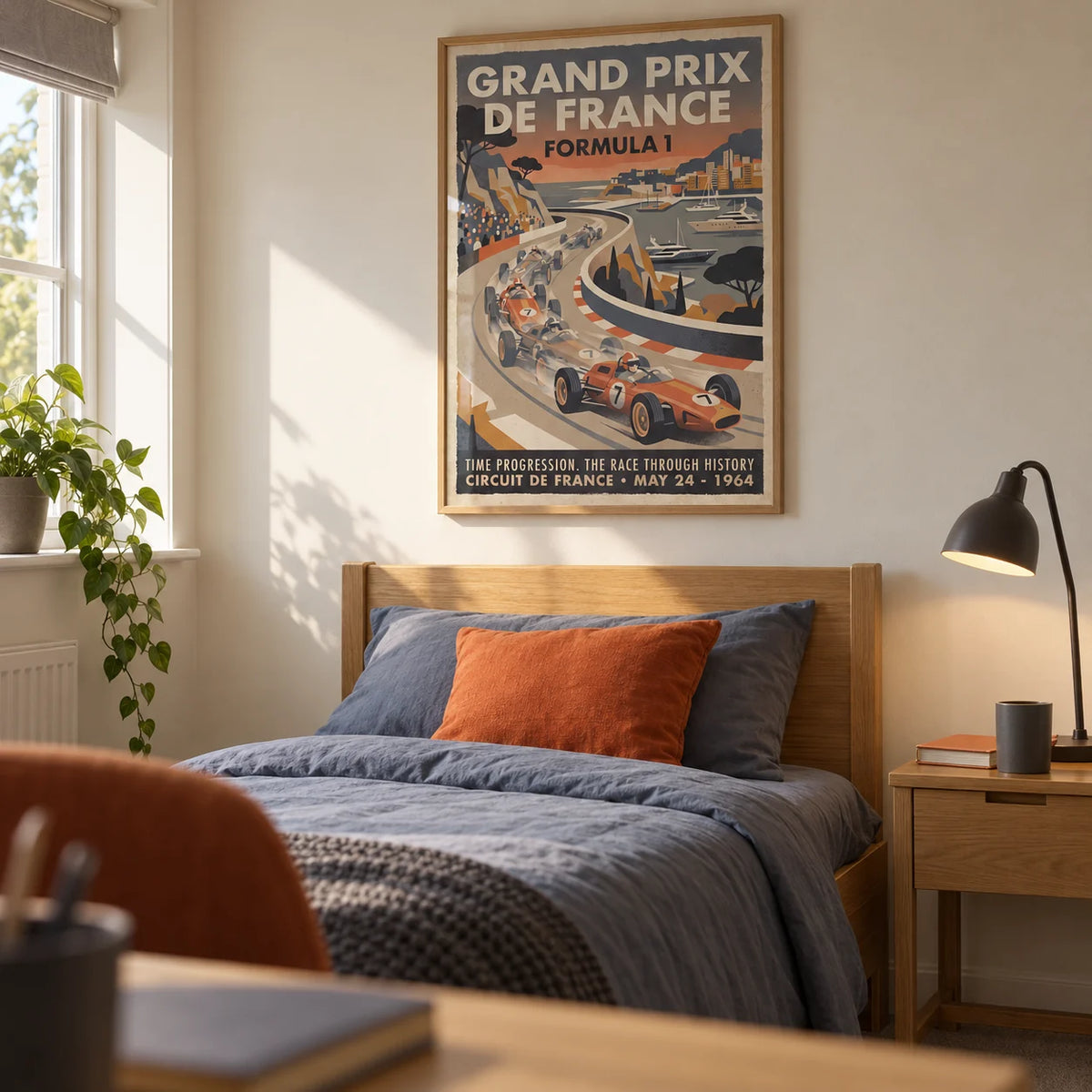 Vintage Racing Print, framed on the wall of a considered motorsport-themed single bedroom for a teenager (16-17) in a UK family home