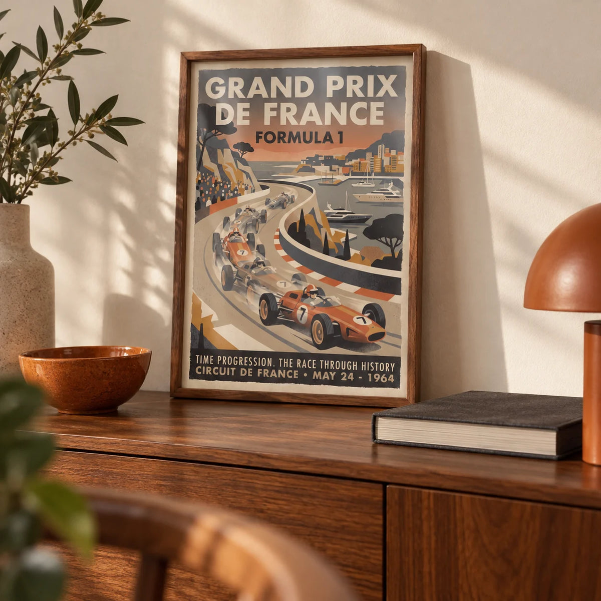Vintage Racing Print, a small A4 framed print leaning on a walnut sideboard in a living room