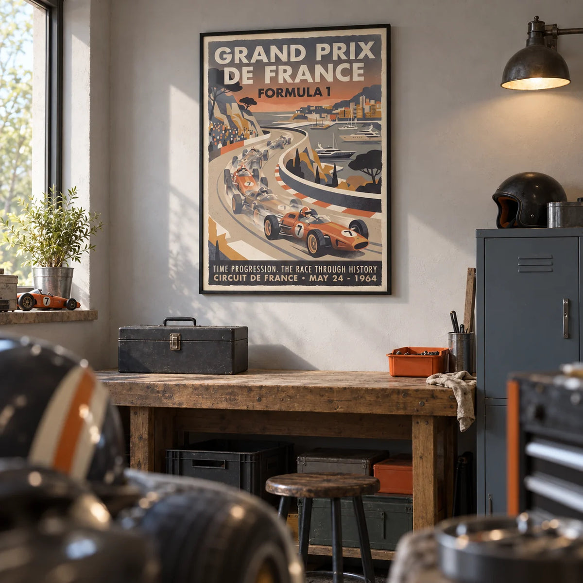 Vintage Racing Print, framed on the wall of a tidy hobby garage in a UK semi-detached home with a pale grey plastered wall and a sealed concrete floor