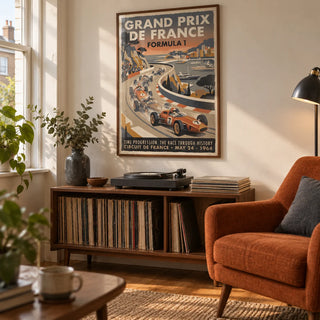 Vintage Racing Print, framed on the wall of a vintage listening corner in a compact UK flat with a cream wall and warm timber floorboards in a living room