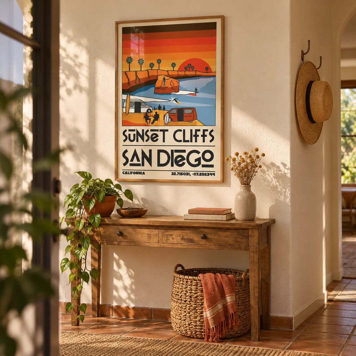 Vintage San Diego Wall Art, framed on the wall of a characterful hallway