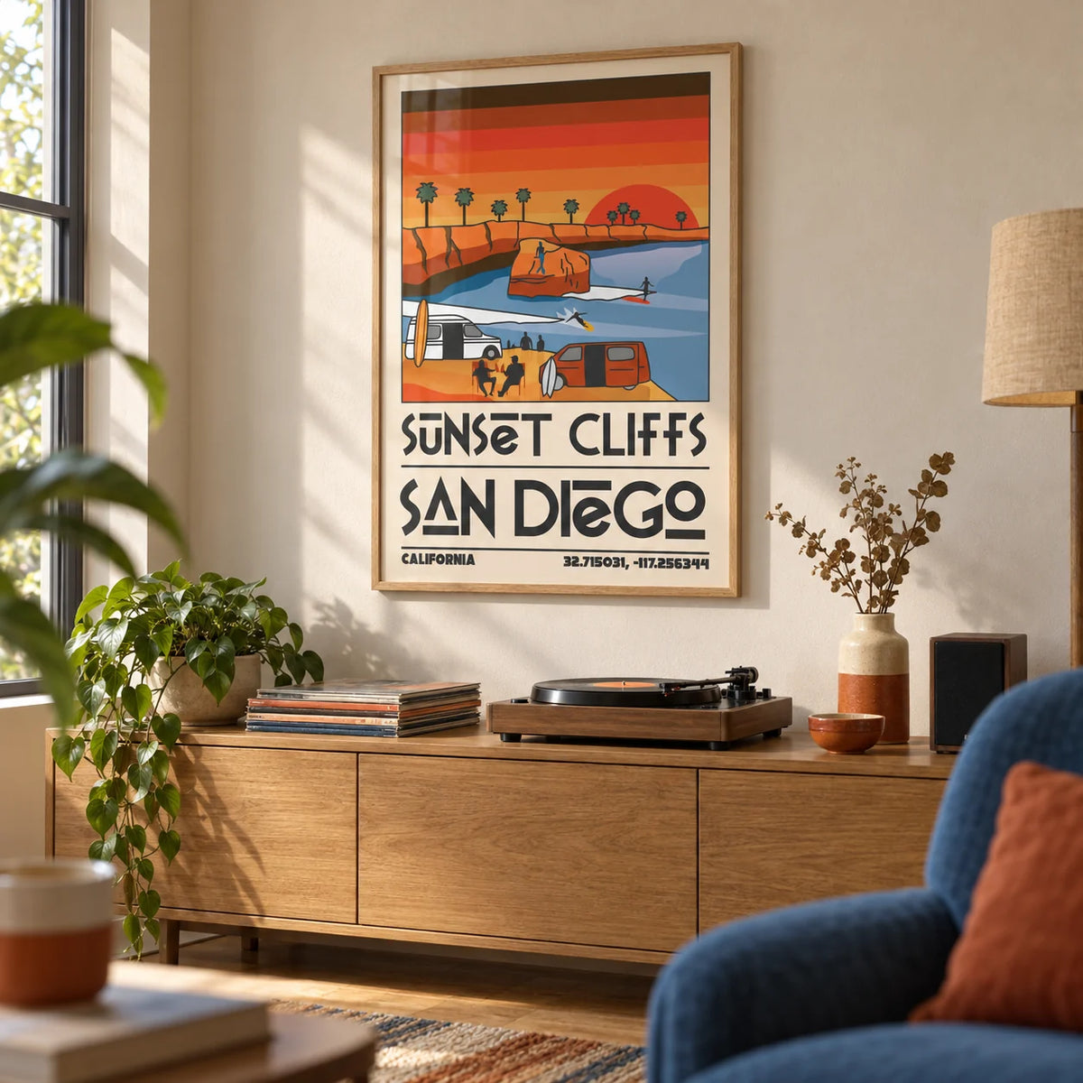Vintage San Diego Wall Art, framed on the wall of a cosy den in a living room
