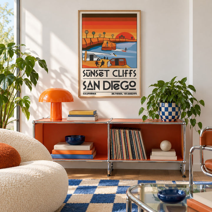 Vintage San Diego Wall Art shown in a playful living room with a modular console (frame not included)