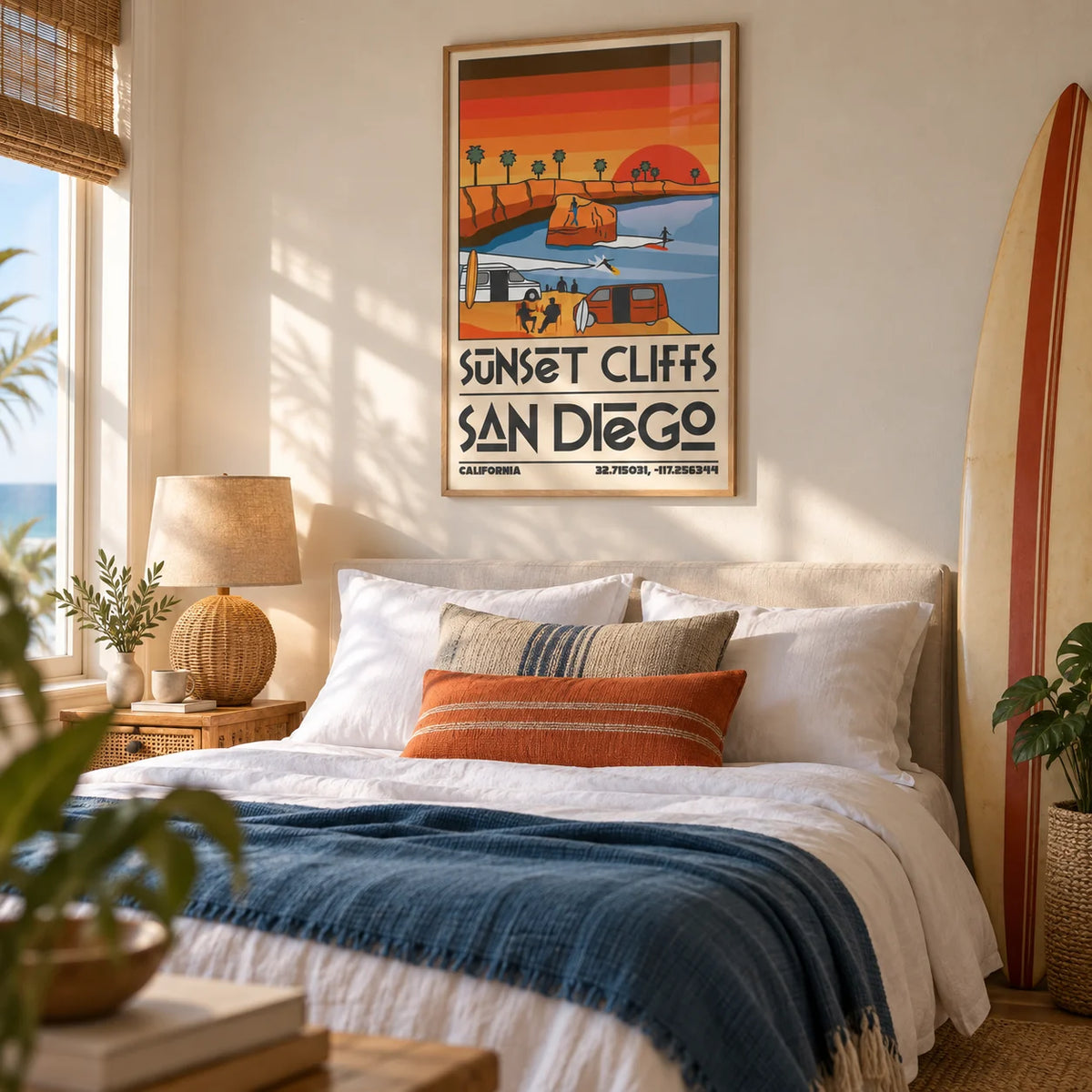 Vintage San Diego Wall Art, framed on the wall of a relaxed beach-house guest bedroom