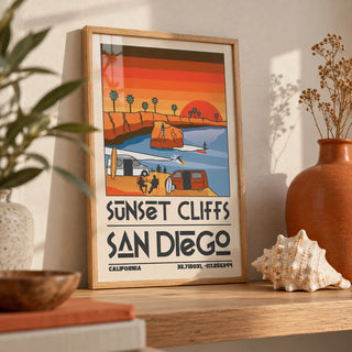 Vintage San Diego Wall Art, a small A4 framed print leaning on an oak shelf in a living room