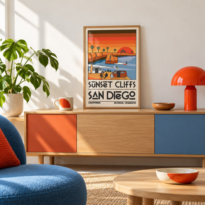 Vintage San Diego Wall Art shown in the small A4 size on a styled console (frame not included)