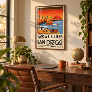 Vintage San Diego Wall Art, framed on the wall of a warm home office