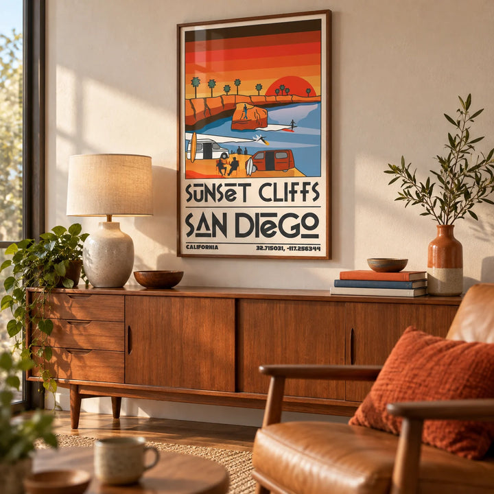 Vintage San Diego Wall Art, framed on the wall of a warm mid-century living room