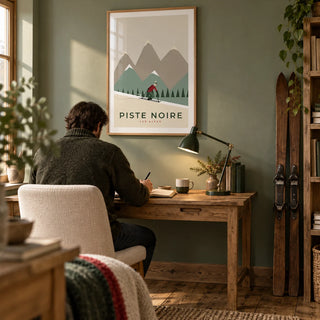 Vintage Ski Poster, framed on the wall of a characterful home study for a ski enthusiast with a sage green wall and reclaimed oak floorboards