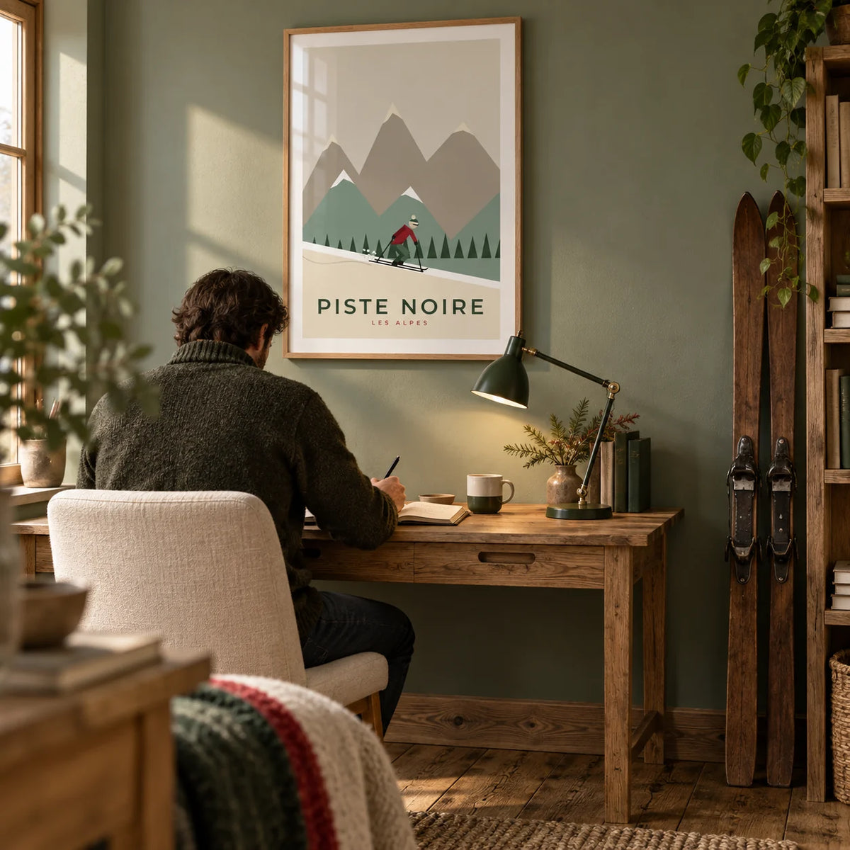 Vintage Ski Poster, framed on the wall of a characterful home study for a ski enthusiast with a sage green wall and reclaimed oak floorboards