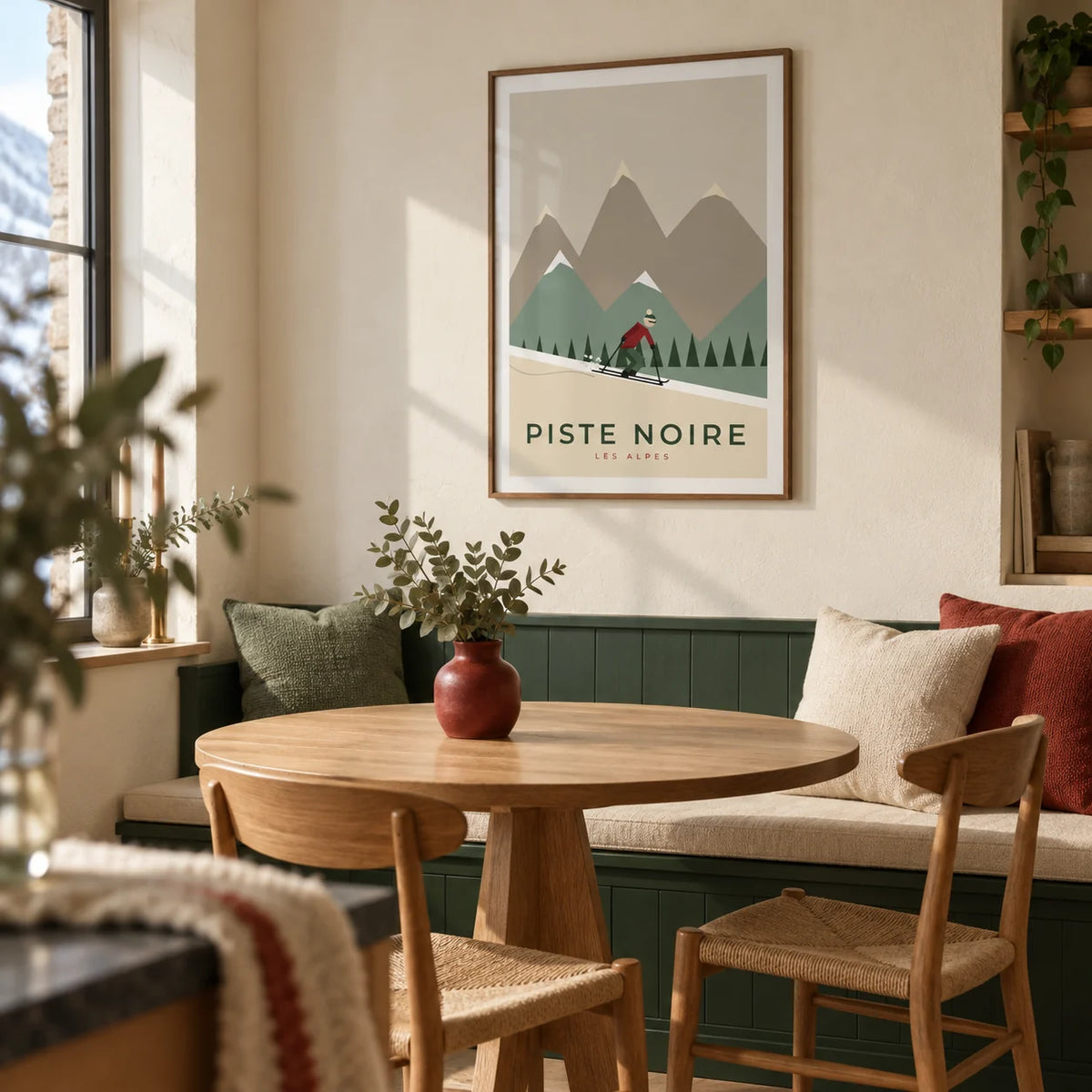 Vintage Ski Poster, framed on the wall of a cosy dining nook in a ski-loving couple's UK first home (25-35)